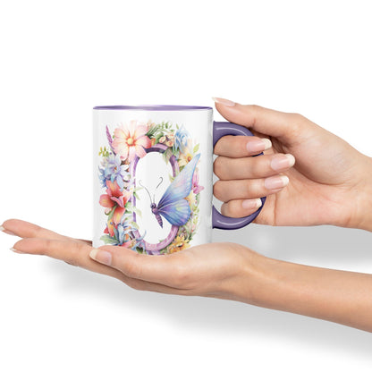 Letter O mug, Floral flowers butterfly Alphabet Letter O Monogram watercolour Ceramic Coloured Mug Cup for Tea Coffee Hot brew 330ml 11Oz Gift