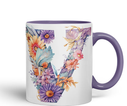 Letter V mug, Floral flowers butterfly Alphabet Letter V Monogram watercolour Ceramic Coloured Mug Cup for Tea Coffee Hot brew 330ml 11Oz Gift