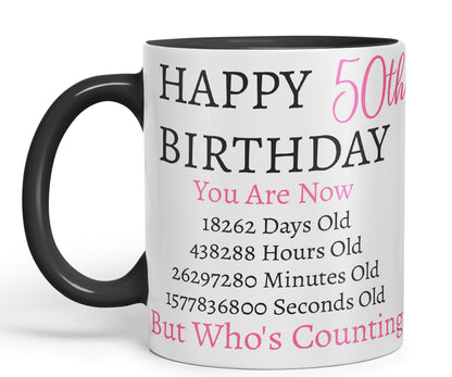 Vixar But Who's Counting Happy 50th Birthday Ceramic Coloured Mug Cup Gift Days Hours Minutes (Pink)