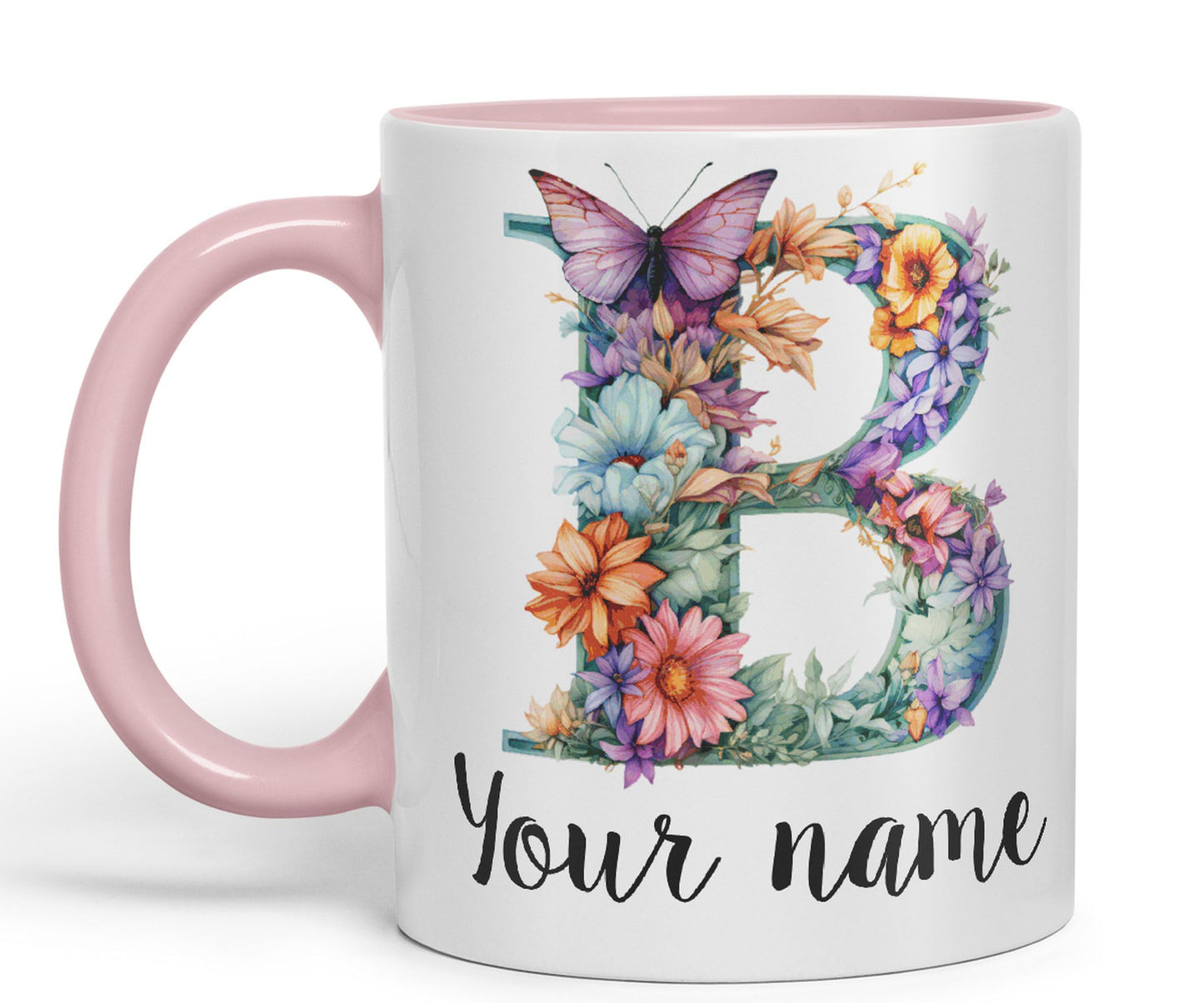 Personalised Letter B mug, Customized Custom Floral flowers butterfly Alphabet Letter B Monogram watercolour Ceramic Coloured Mug Cup for Tea Coffee Hot brew 330ml 11Oz Gift