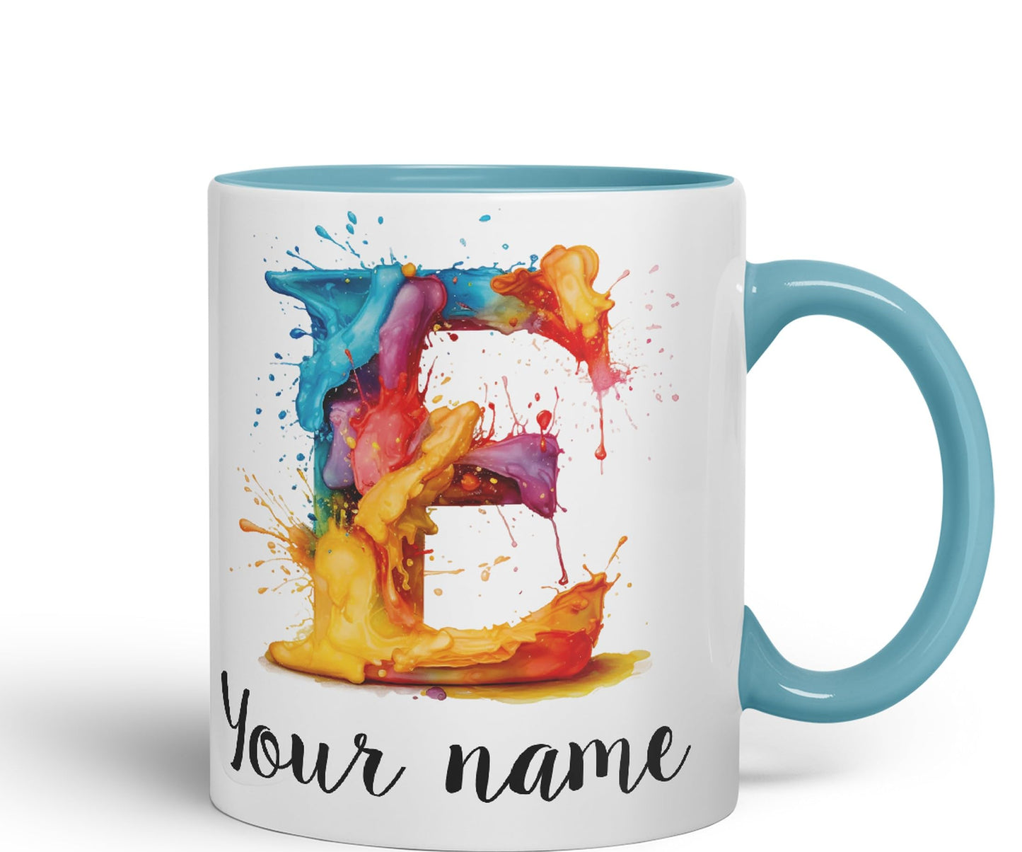 Personalised Letter E mug, Alphabet cusomized custom your Letter E Monogram watercolour Ceramic Coloured Mug Cup for Tea Coffee Hot brew 330ml 11Oz Gift