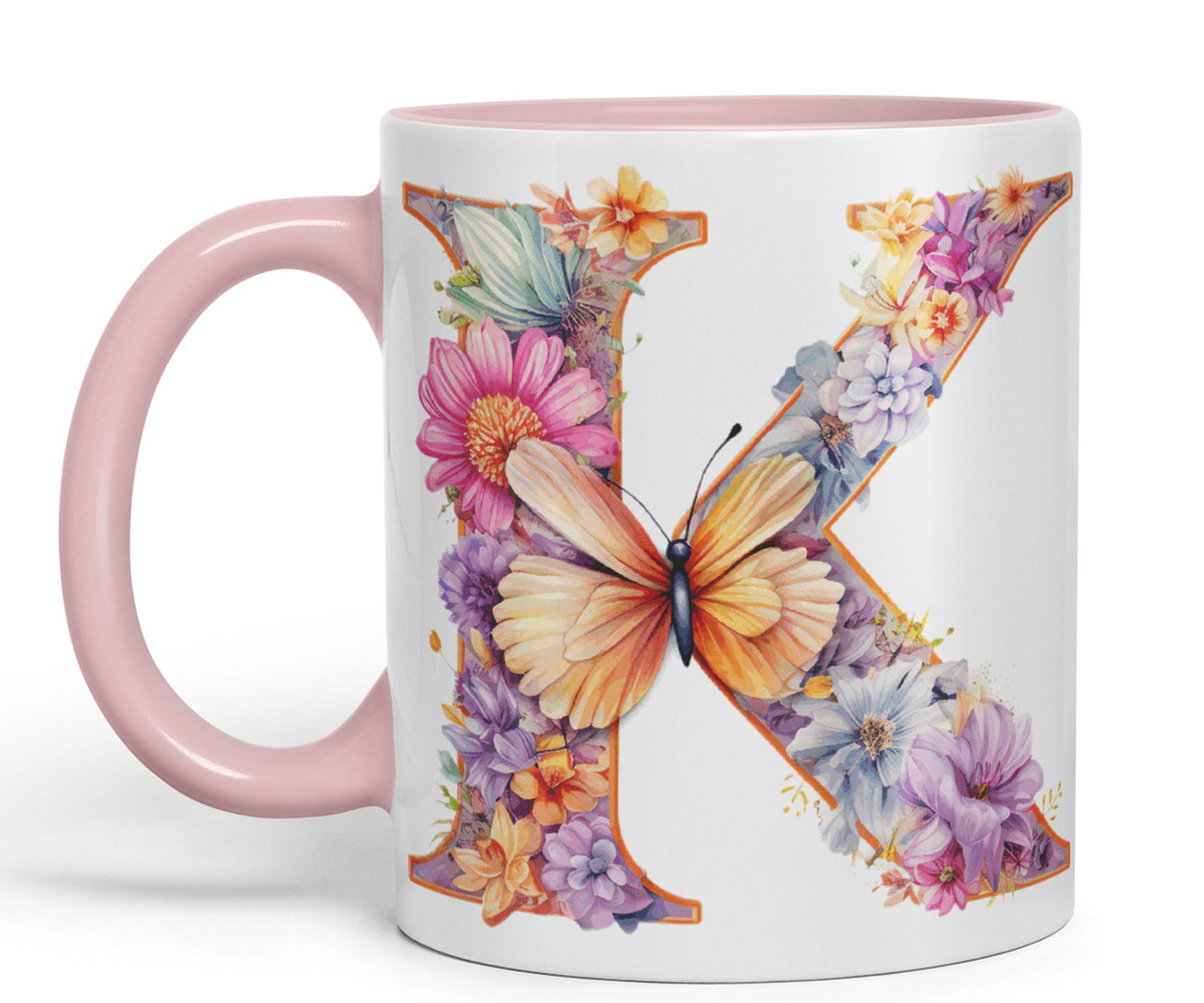 Letter K mug, Floral flowers butterfly Alphabet Letter K Monogram watercolour Ceramic Coloured Mug Cup for Tea Coffee Hot brew 330ml 11Oz Gift