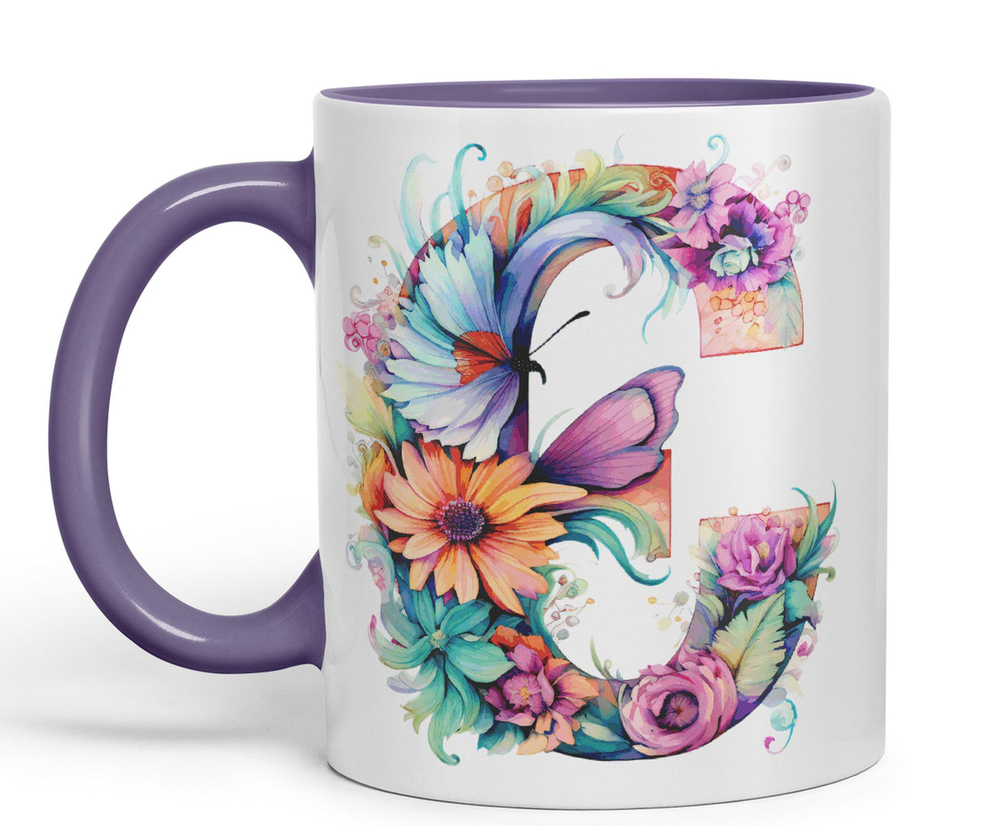 Letter C mug, Floral flowers butterfly Alphabet Letter C Monogram watercolour Ceramic Coloured Mug Cup for Tea Coffee Hot brew 330ml 11Oz Gift