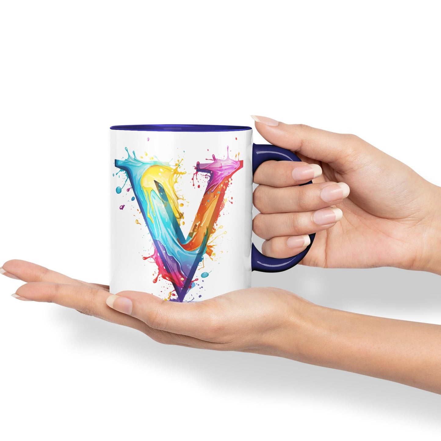 Letter V mug, Alphabet Letter V Monogram watercolour Ceramic Coloured Mug Cup for Tea Coffee Hot brew 330ml 11Oz Gift