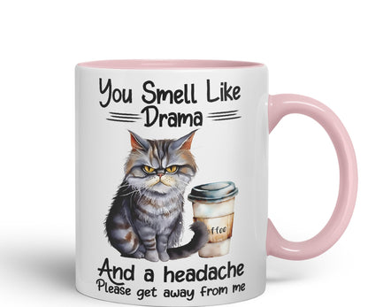 You Smell Like Drama and a Headache Cat Sarcastic Joke Ceramic Coloured Mug Cup for Tea Coffee Hot Brew 330ml 11Oz