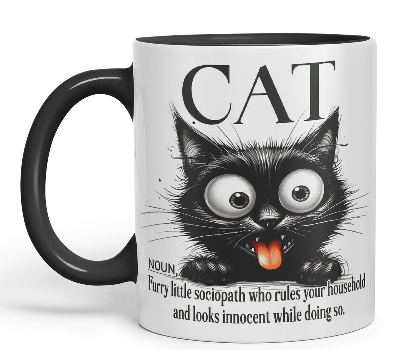 Cat Noun, Furry Little sociapath who Rules Your Household and Looks Innocent White Doing so, Joke sarkasm Sarcastic Ceramic Coloured Mug Cup for Tea Coffee Hot Brew 330ml 11Oz Gift