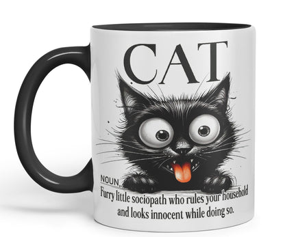 Cat Noun, Furry Little sociapath who Rules Your Household and Looks Innocent White Doing so, Joke sarkasm Sarcastic Ceramic Coloured Mug Cup for Tea Coffee Hot Brew 330ml 11Oz Gift