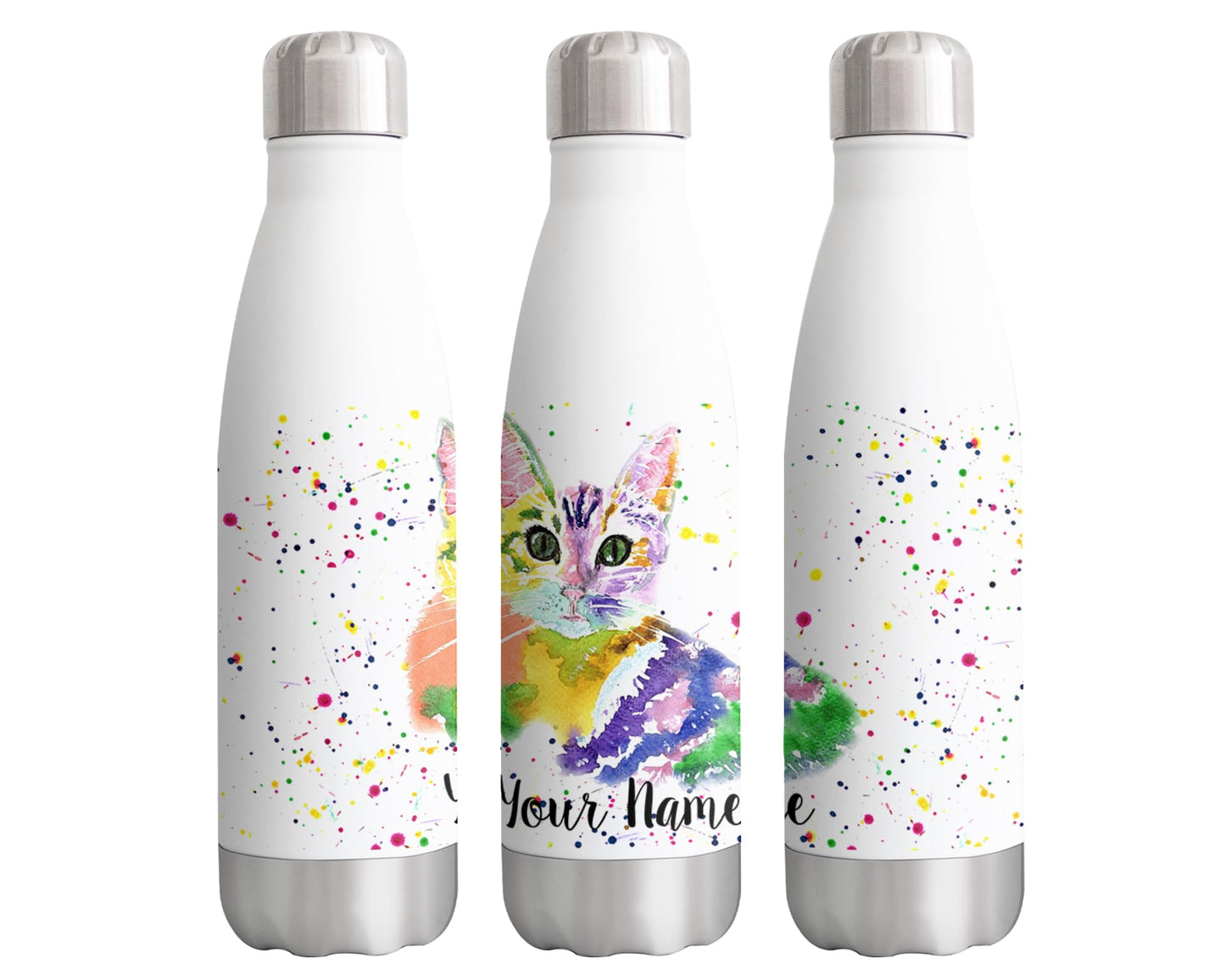 Vixar Kitten Femine Personalised Custom Bottle with your Text/name Watercolour cat Animals Bottle Double Wall Insulated Stainless Steel Sport Drinks 500ml