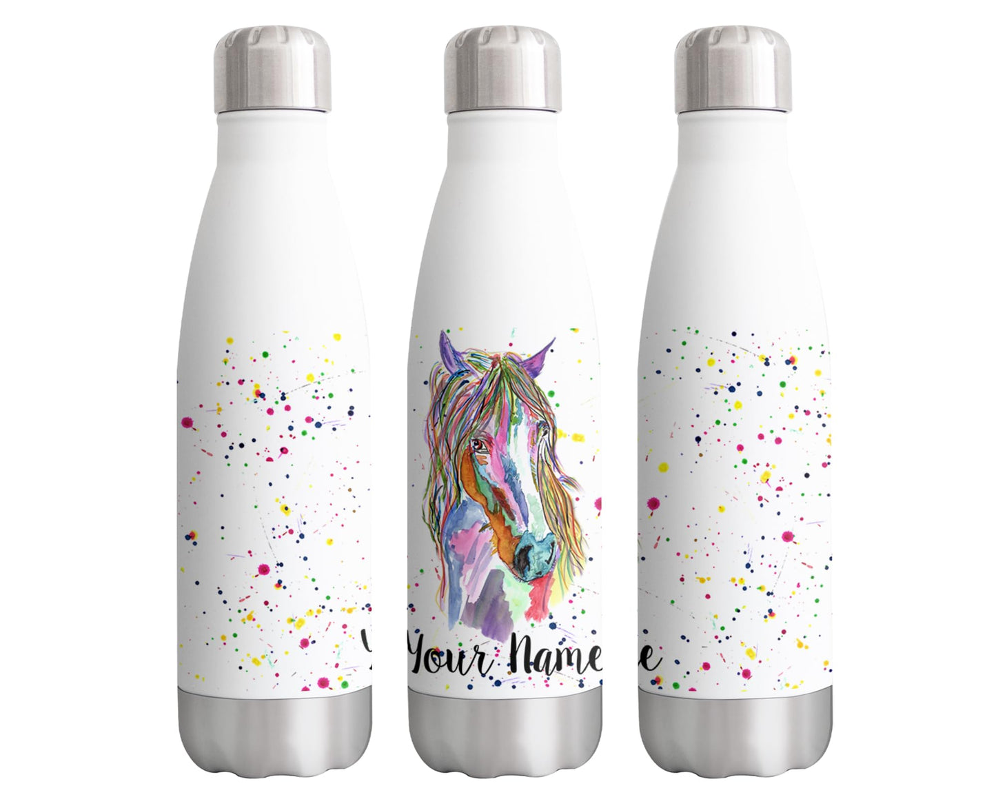 Vixar Horse Personalised Custom Bottle with your Text/name Farm animals Watercolour Bottle Double Wall Insulated Stainless Steel Sport Drinks 500ml