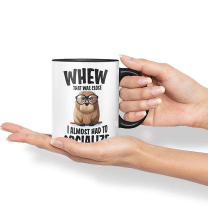 Whew That was Close A Almost had to Socialize Joke sarkasm Sarcastic Ceramic Coloured Mug Cup for Tea Coffee Hot Brew 330ml 11Oz Gift