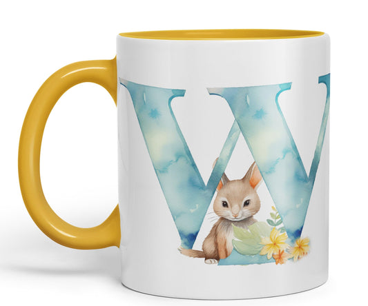 Letter W mug, Animals Alphabet Letter W Monogram animal for kids Ceramic Coloured Mug Cup for Tea Coffee Hot brew 330ml 11Oz Gift