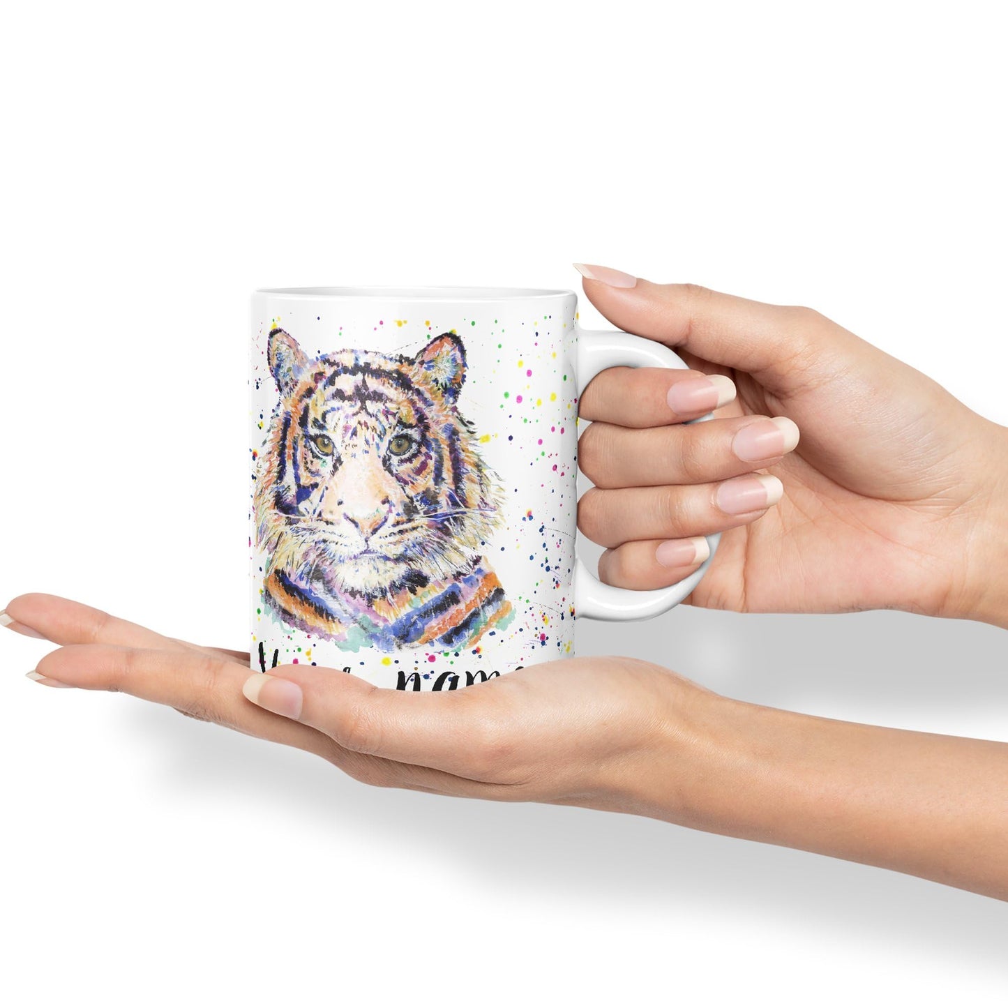 Vixar Personalised with Your Text Tiger Cat Safari Animals Watercolour Art Coloured Ceramic Mug Cup Gift 330ml 11oz Custom Work Office Tea Coffee (O2)