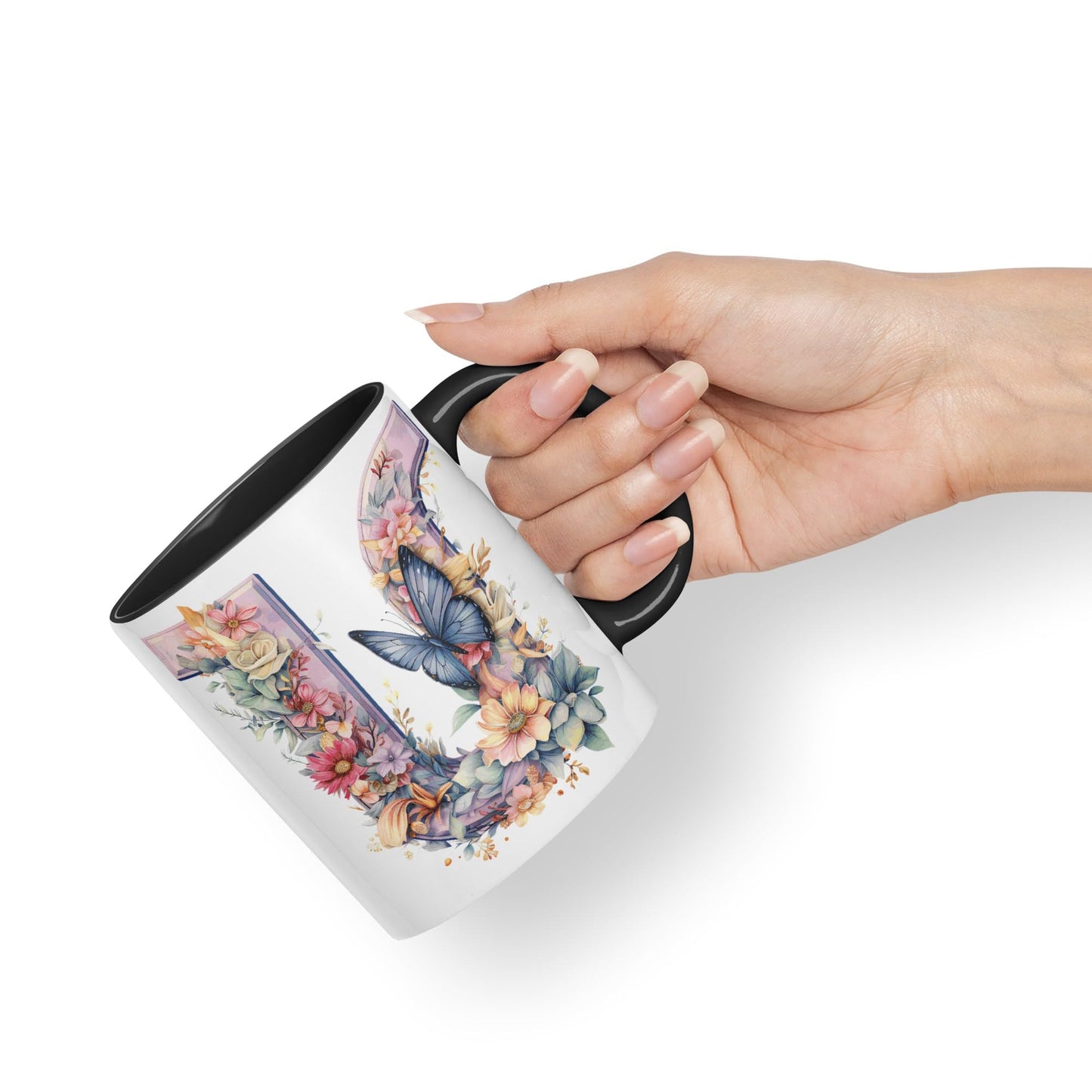 Letter U mug, Floral flowers butterfly Alphabet Letter U Monogram watercolour Ceramic Coloured Mug Cup for Tea Coffee Hot brew 330ml 11Oz Gift