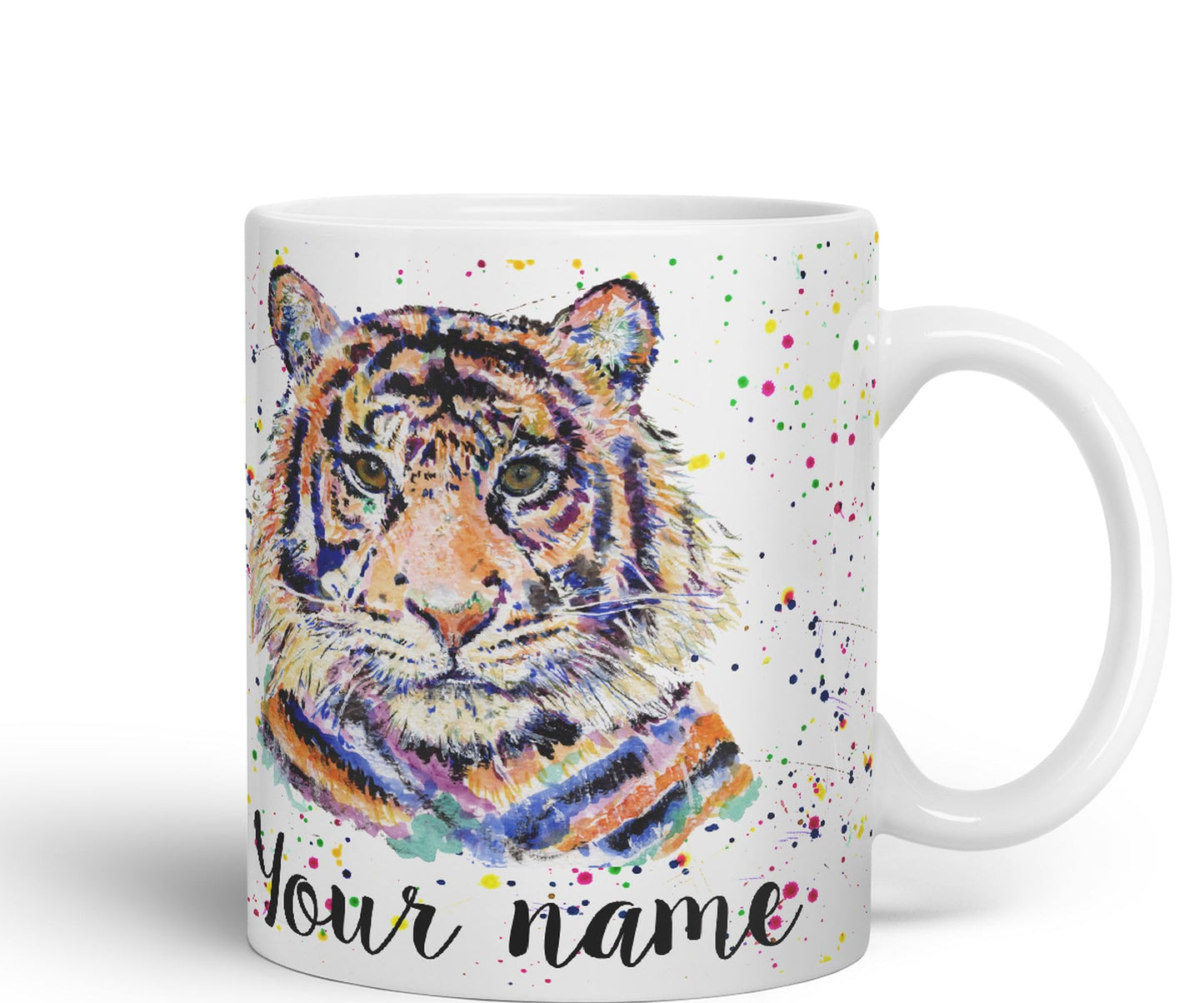 Vixar Personalised with Your Text Tiger Cat Safari Animals Watercolour Art Coloured Ceramic Mug Cup Gift 330ml 11oz Custom Work Office Tea Coffee (O2)