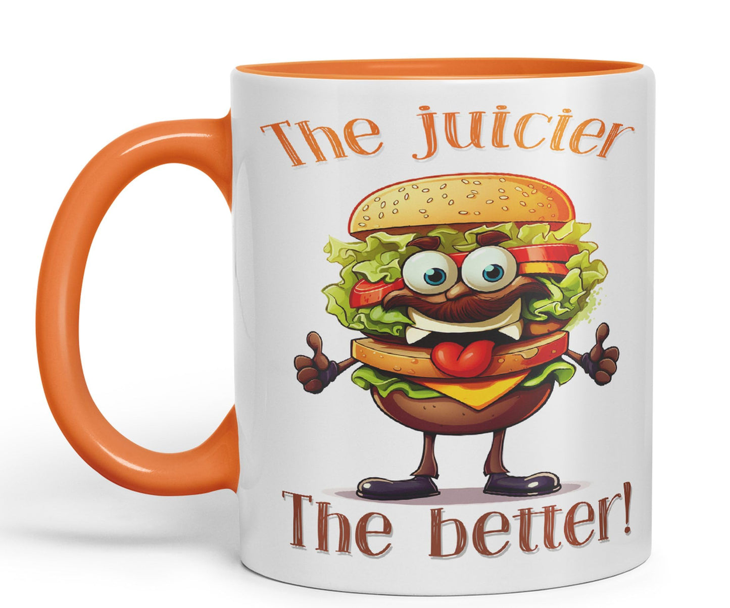 The Juicier The Better Burger, Joke sarkasm Sarcastic Ceramic Coloured Mug Cup for Tea Coffee Hot Brew 330ml 11Oz Gift