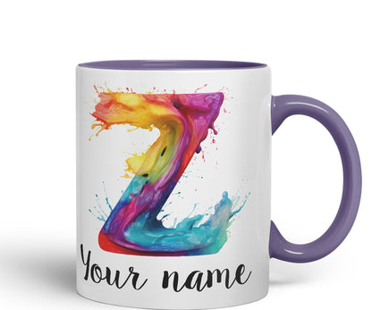 Personalised Letter Z mug, Alphabet cusomized custom Letter Z Monogram watercolour Ceramic Coloured Mug Cup for Tea Coffee Hot brew 330ml 11Oz Gift