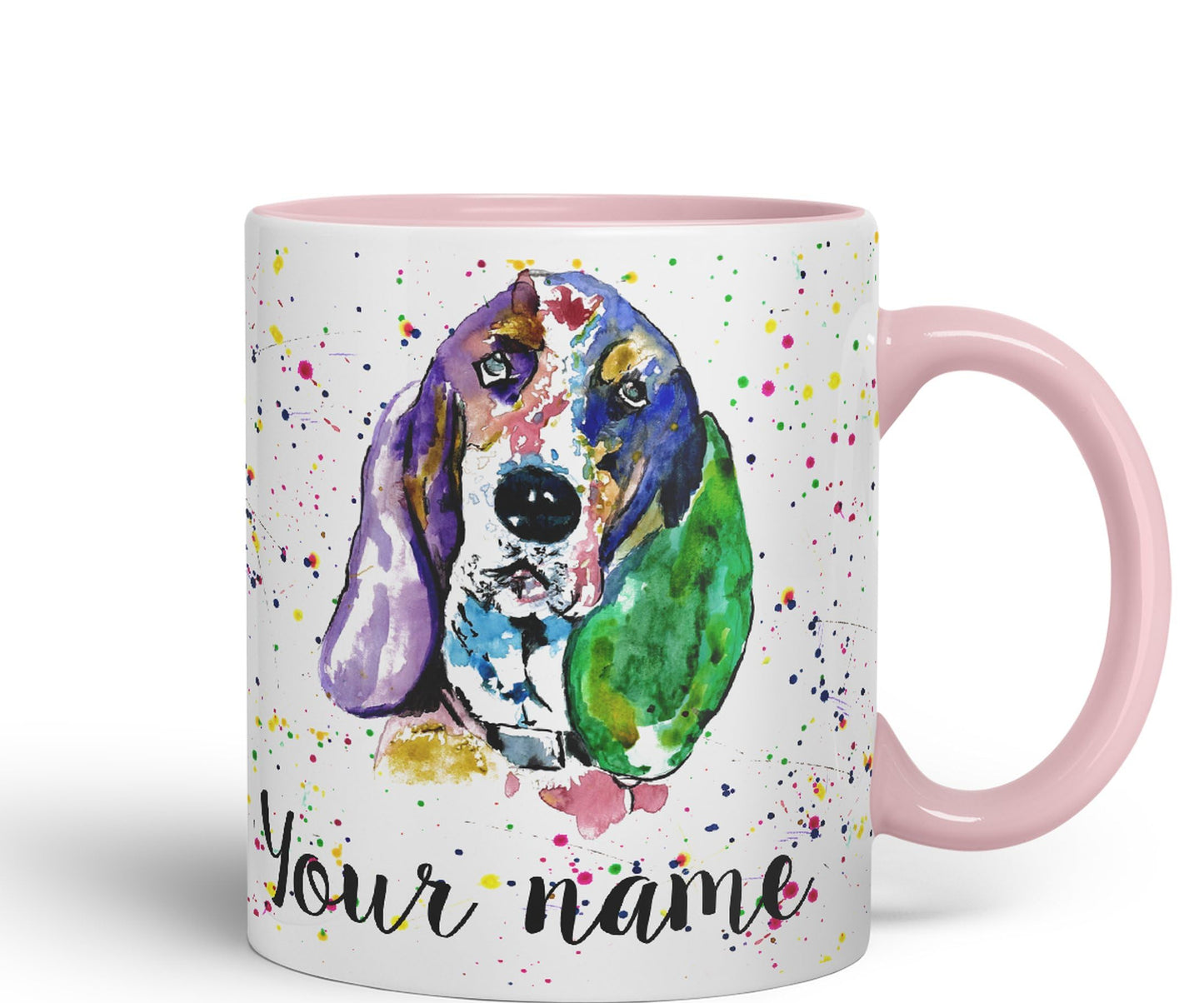 Personalised mug with Your Text name Basset Hound Hunting Dog Pet animals Watercolour Art Coloured Ceramic Mug Cup Gift 330ml 11oz Custom Work Office Tea Coffee