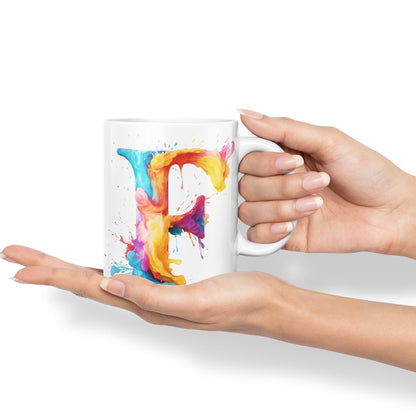 Letter F mug, Alphabet Letter F Monogram watercolour Ceramic Coloured Mug Cup for Tea Coffee Hot brew 330ml 11Oz Gift