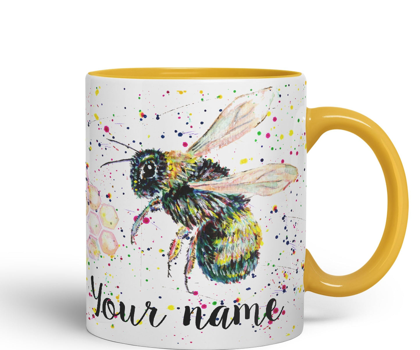 Personalised mug with Your Text name Bees bee Honeycomb animals Watercolour Art Coloured Ceramic Mug Cup Gift 330ml 11oz Custom Work Office Tea Coffee