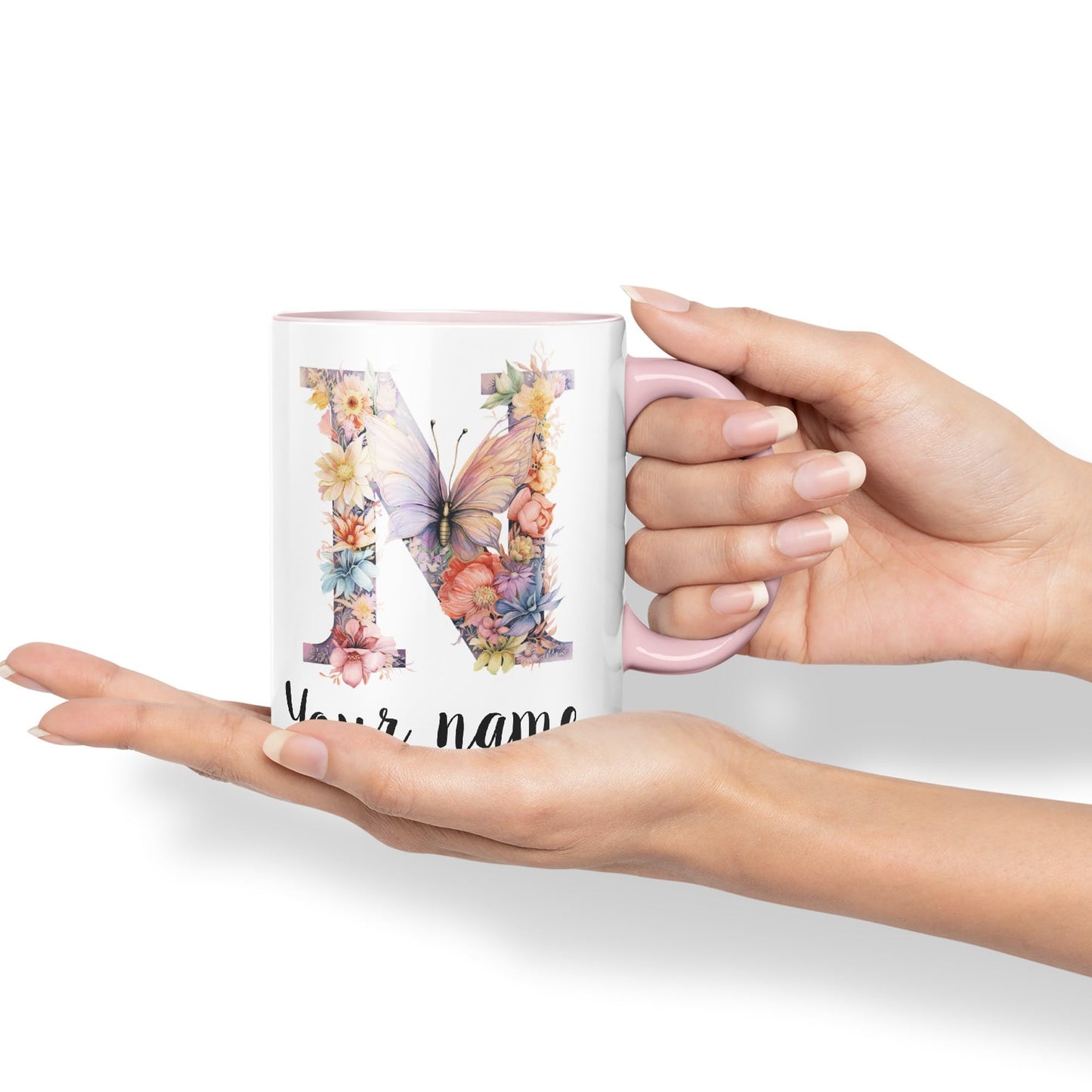 Personalised Letter N mug, Customized Custom Floral flowers butterfly Alphabet Letter N Monogram watercolour Ceramic Coloured Mug Cup for Tea Coffee Hot brew 330ml 11Oz Gift