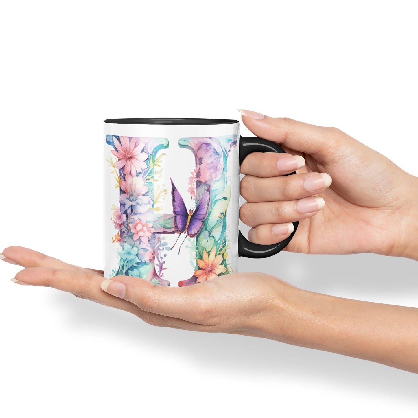 Letter H mug, Floral flowers butterfly Alphabet Letter H Monogram watercolour Ceramic Coloured Mug Cup for Tea Coffee Hot brew 330ml 11Oz Gift