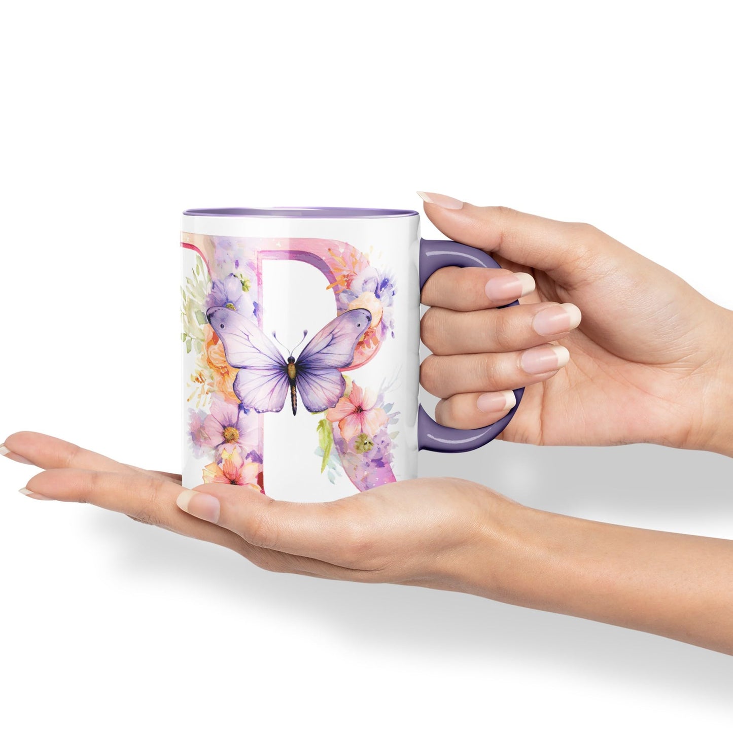 Letter R mug, Floral flowers butterfly Alphabet Letter R Monogram watercolour Ceramic Coloured Mug Cup for Tea Coffee Hot brew 330ml 11Oz Gift