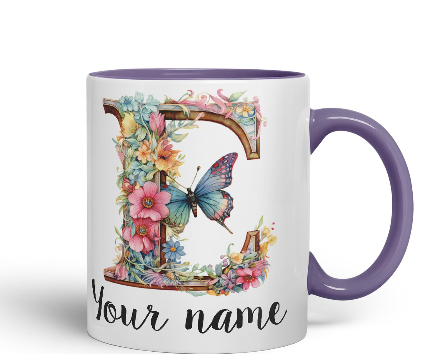 Personalised Letter E mug, Customized Custom Floral flowers butterfly Alphabet Letter E Monogram watercolour Ceramic Coloured Mug Cup for Tea Coffee Hot brew 330ml 11Oz Gift