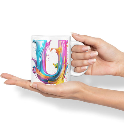 Letter U mug, Alphabet Letter U Monogram watercolour Ceramic Coloured Mug Cup for Tea Coffee Hot brew 330ml 11Oz Gift