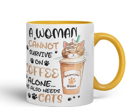 Vixar A Woman Cannot Survive on Coffee Cats Sarcastic Joke Ceramic Coloured Mug Cup for Tea Coffee Hot Brew 330ml 11Oz