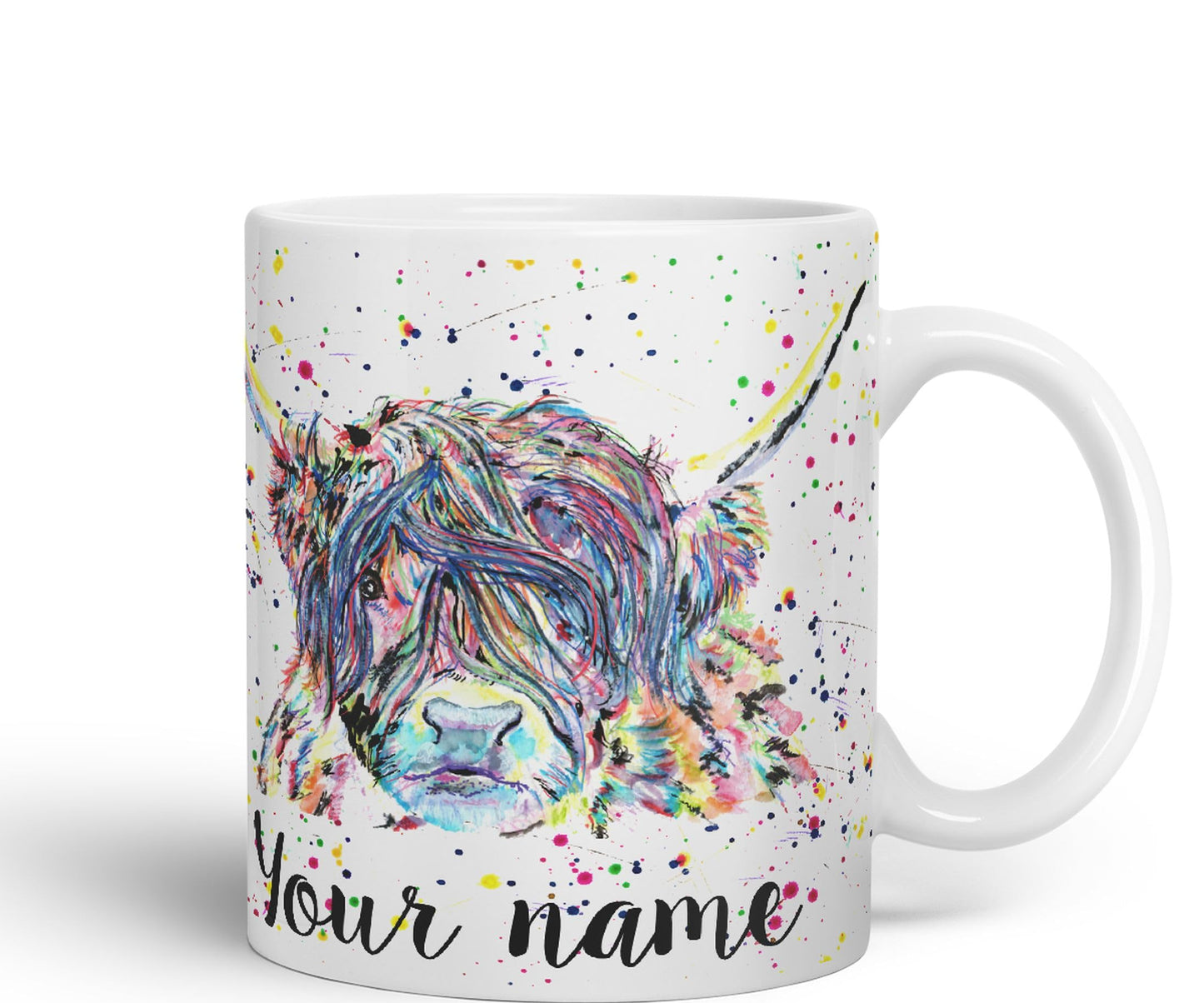 Vixar Personalised with Your Text Highland Cow Scottish Farm Animals Watercolour Art Coloured Mug Cup Gift Birthday Custom Work Office Tea Coffee (P01)