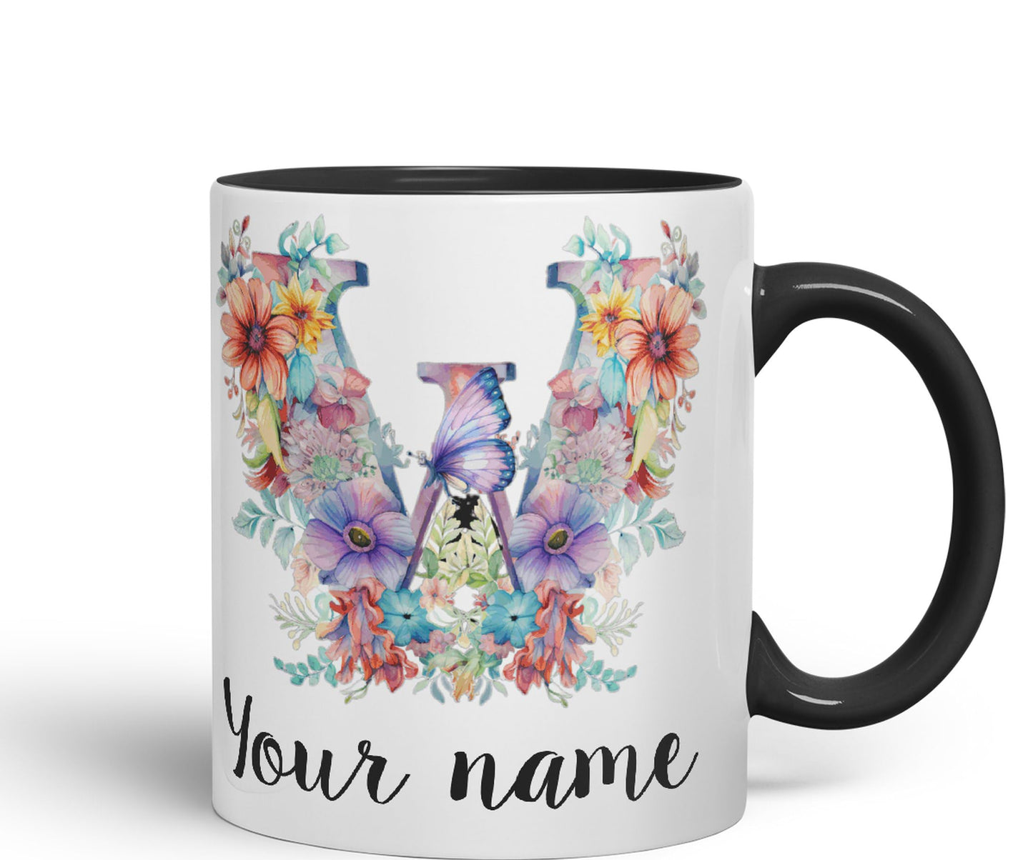 Personalised Letter W mug, Customized Custom Floral flowers butterfly Alphabet Letter W Monogram watercolour Ceramic Coloured Mug Cup for Tea Coffee Hot brew 330ml 11Oz Gift