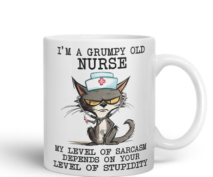 Vixar I'm A Grumpy Old Nurse My Level of Sarcasm Depends on Your Level of Stupidity Cats Sarcastic Joke Ceramic Coloured Mug Cup for Tea Coffee Hot Brew 330ml 11Oz