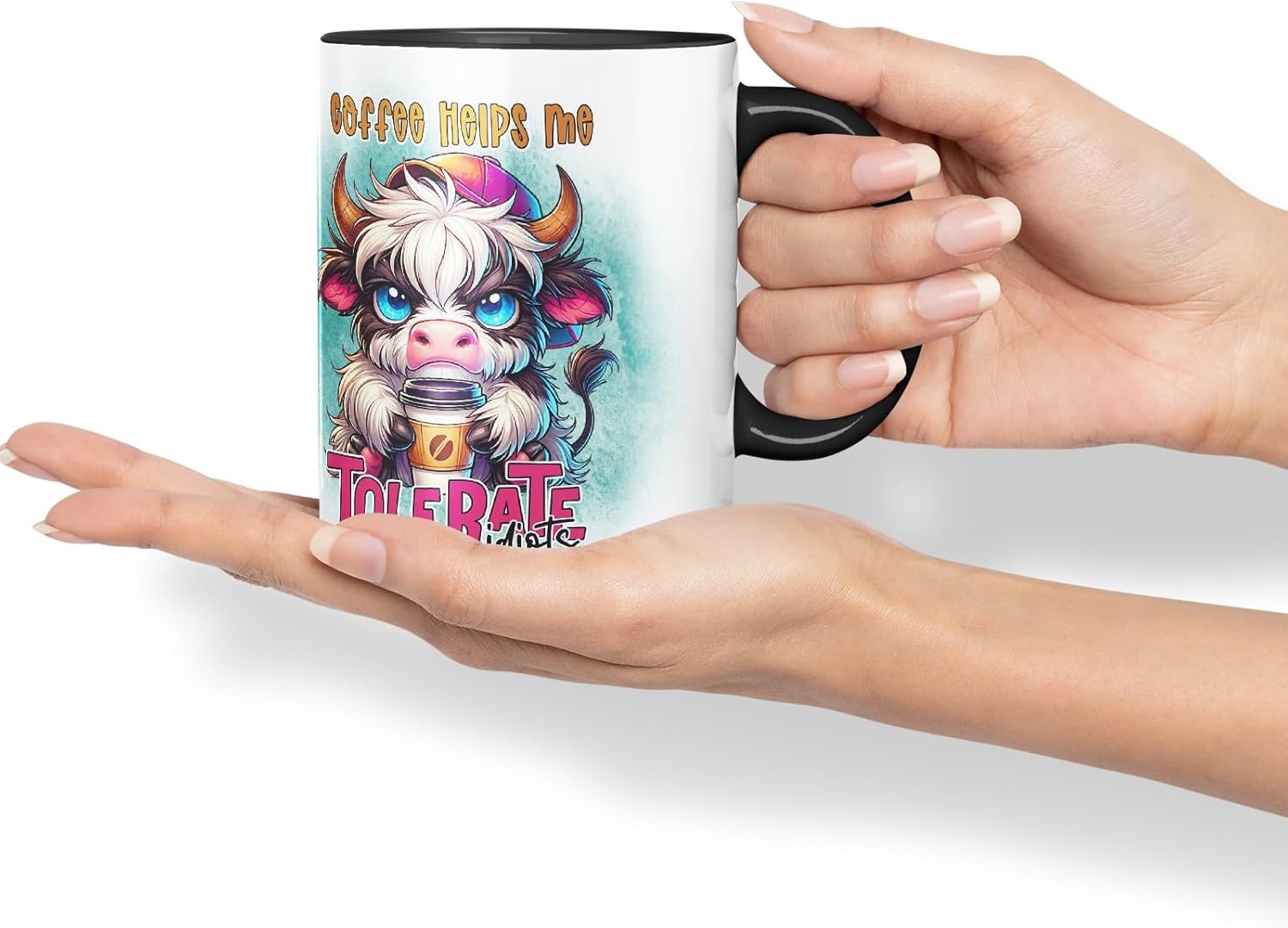 Vixar Coffee Helps Me Tolerate Idiots Highland Cow Coloured Ceramic Mug Cup Gift for Coffee Lovers 11oz (Black)