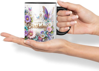 Vixar Happy Birthday Floral Wreath Butterflies Coloured Ceramic Mug Cup Gift 11oz V13 (Black)