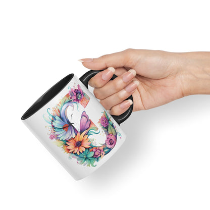 Letter C mug, Floral flowers butterfly Alphabet Letter C Monogram watercolour Ceramic Coloured Mug Cup for Tea Coffee Hot brew 330ml 11Oz Gift