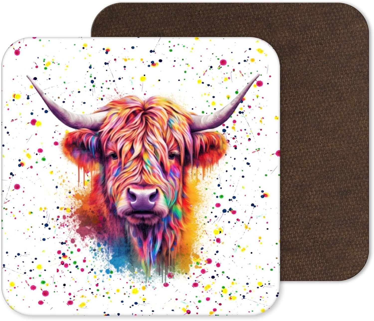 Colour Splash Highland Cow – Bright Rainbow Animal Coaster (4)