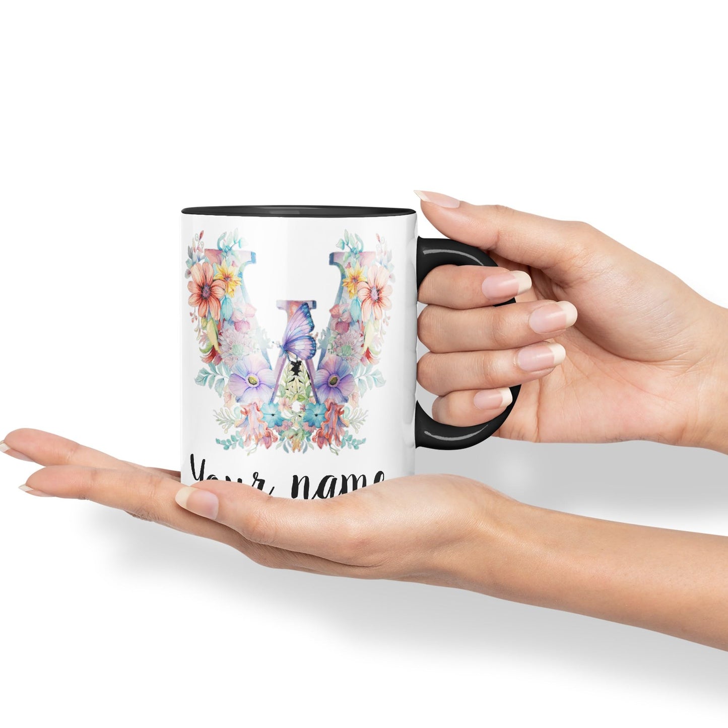 Personalised Letter W mug, Customized Custom Floral flowers butterfly Alphabet Letter W Monogram watercolour Ceramic Coloured Mug Cup for Tea Coffee Hot brew 330ml 11Oz Gift