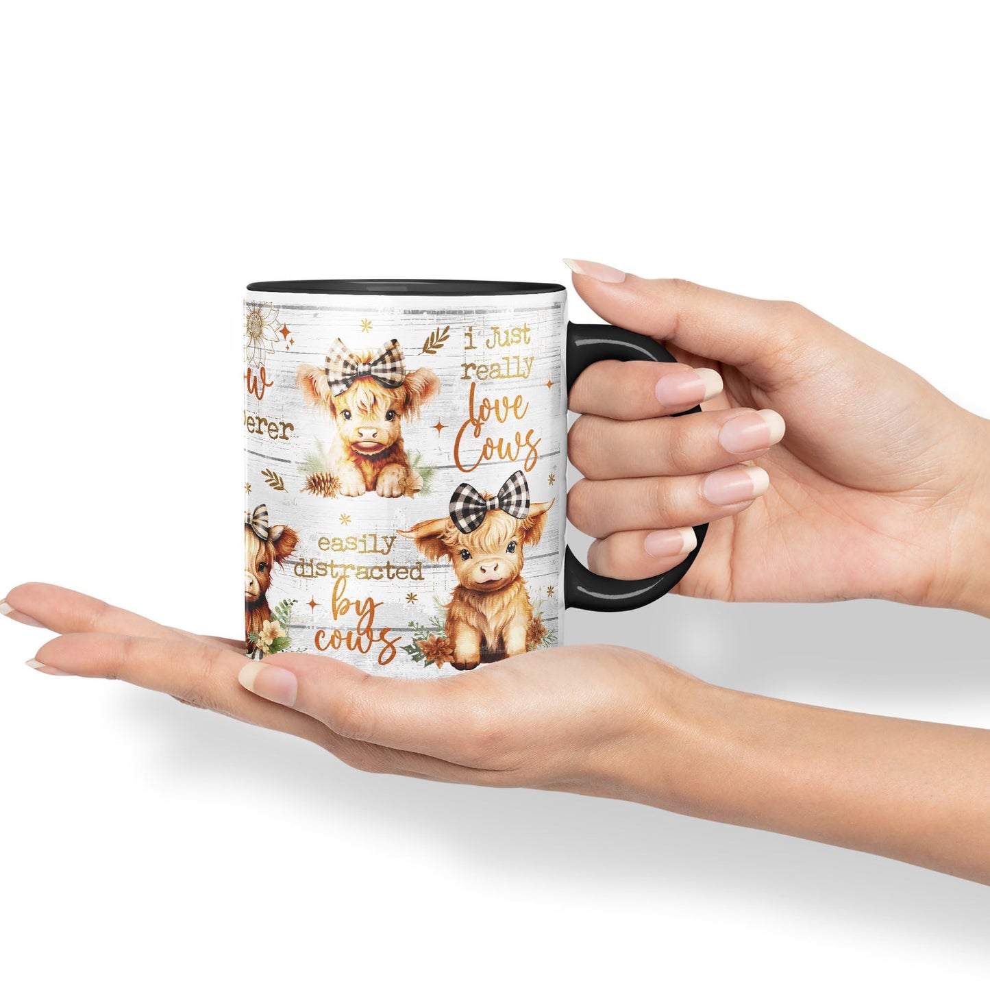 Easily Distracted by Baby Cow Whisperer I just Realy Love Cow Highland Scottish Farm Animals Ceramic Coloured Mug Cup for Tea Coffee Hot Brew 330ml 11Oz Gift