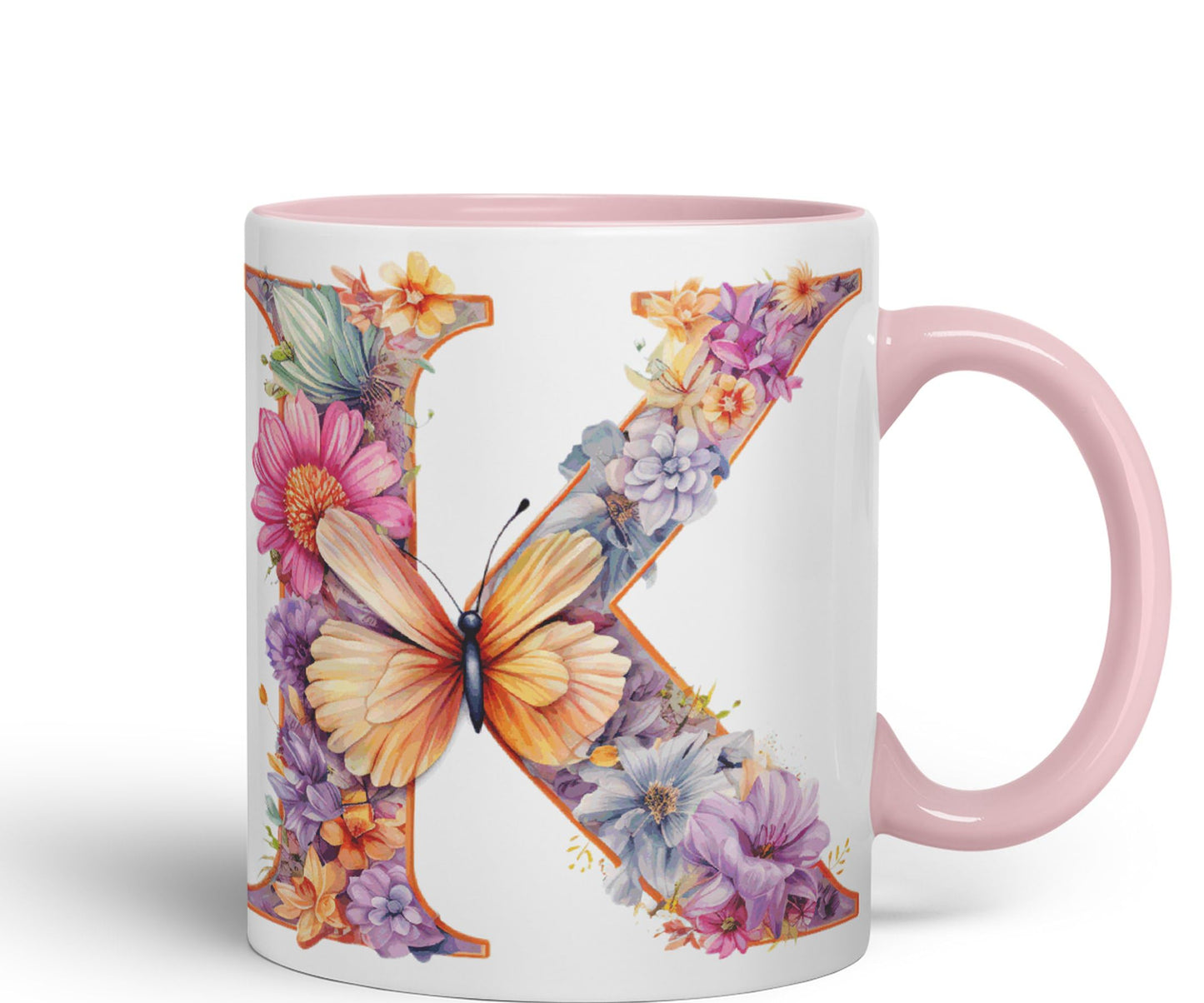 Letter K mug, Floral flowers butterfly Alphabet Letter K Monogram watercolour Ceramic Coloured Mug Cup for Tea Coffee Hot brew 330ml 11Oz Gift