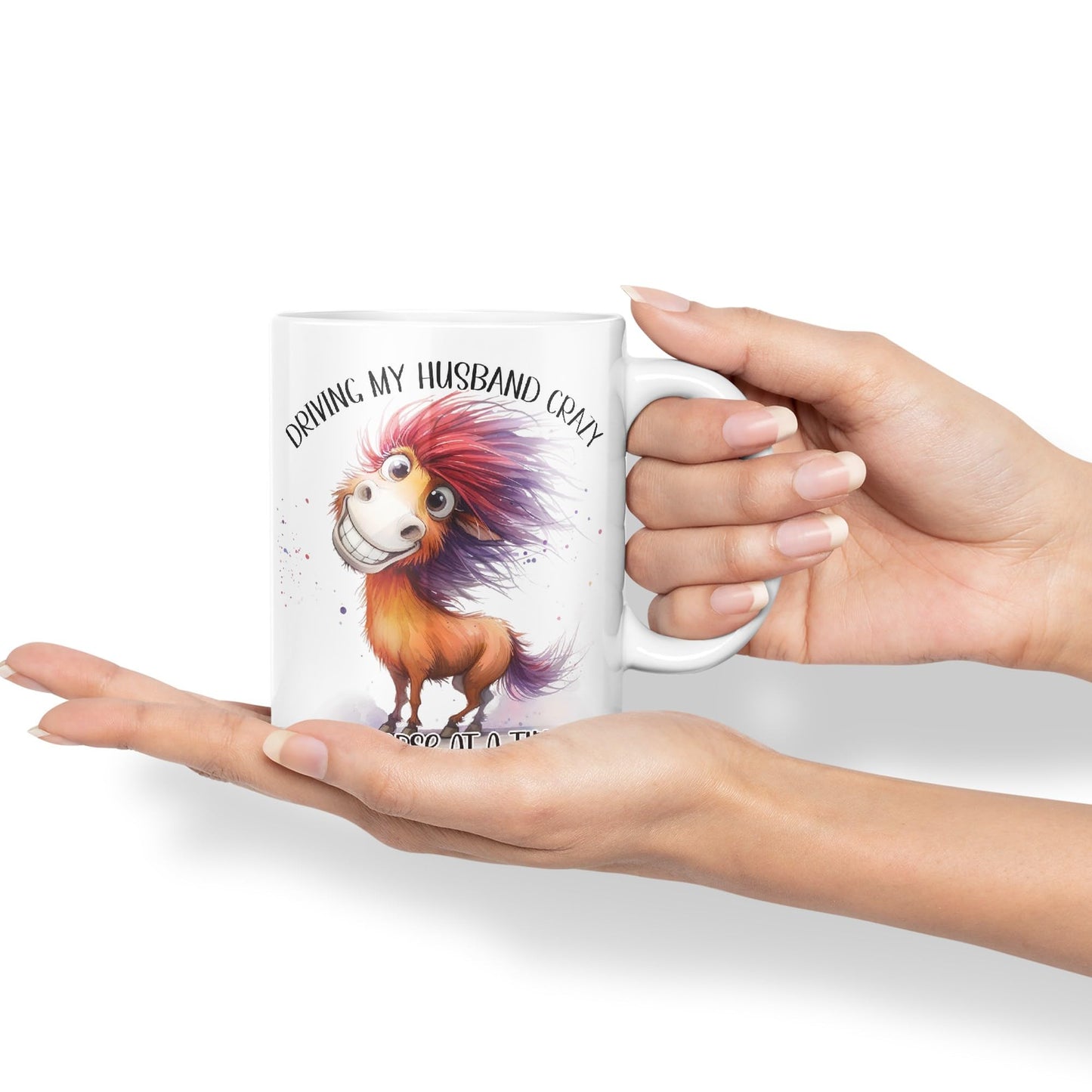 Driving My Husband Crazy, One Horse at at a Time Joke sarkasm Sarcastic Ceramic Coloured Mug Cup for Tea Coffee Hot Brew 330ml 11Oz Gift