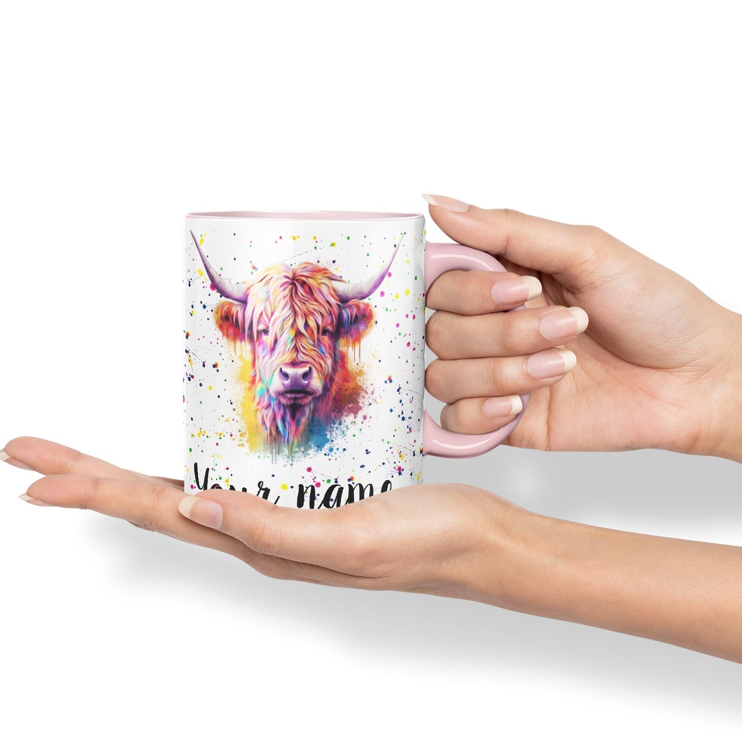 Personalised mug with Your Text name Highland Scottish Cow farm animals Watercolour Art Coloured Ceramic Mug Cup Gift 330ml 11oz Custom Work Office Tea Coffee HC4