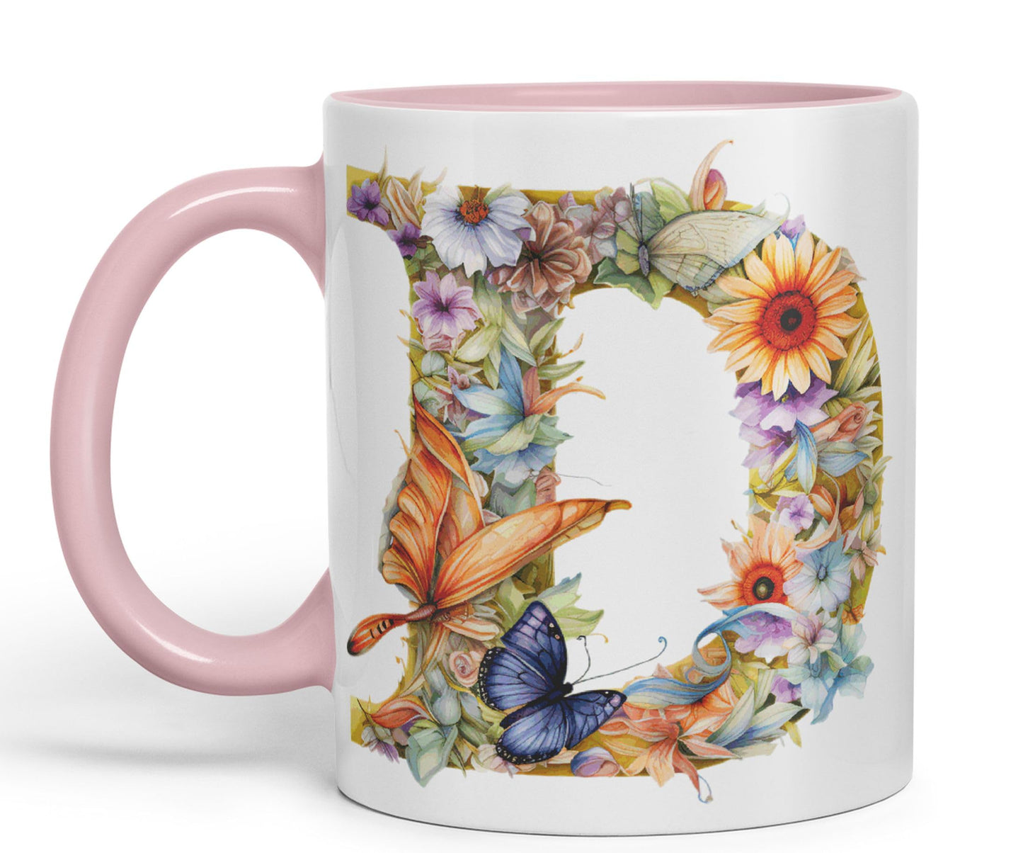 Letter D mug, Floral flowers butterfly Alphabet Letter D Monogram watercolour Ceramic Coloured Mug Cup for Tea Coffee Hot brew 330ml 11Oz Gift