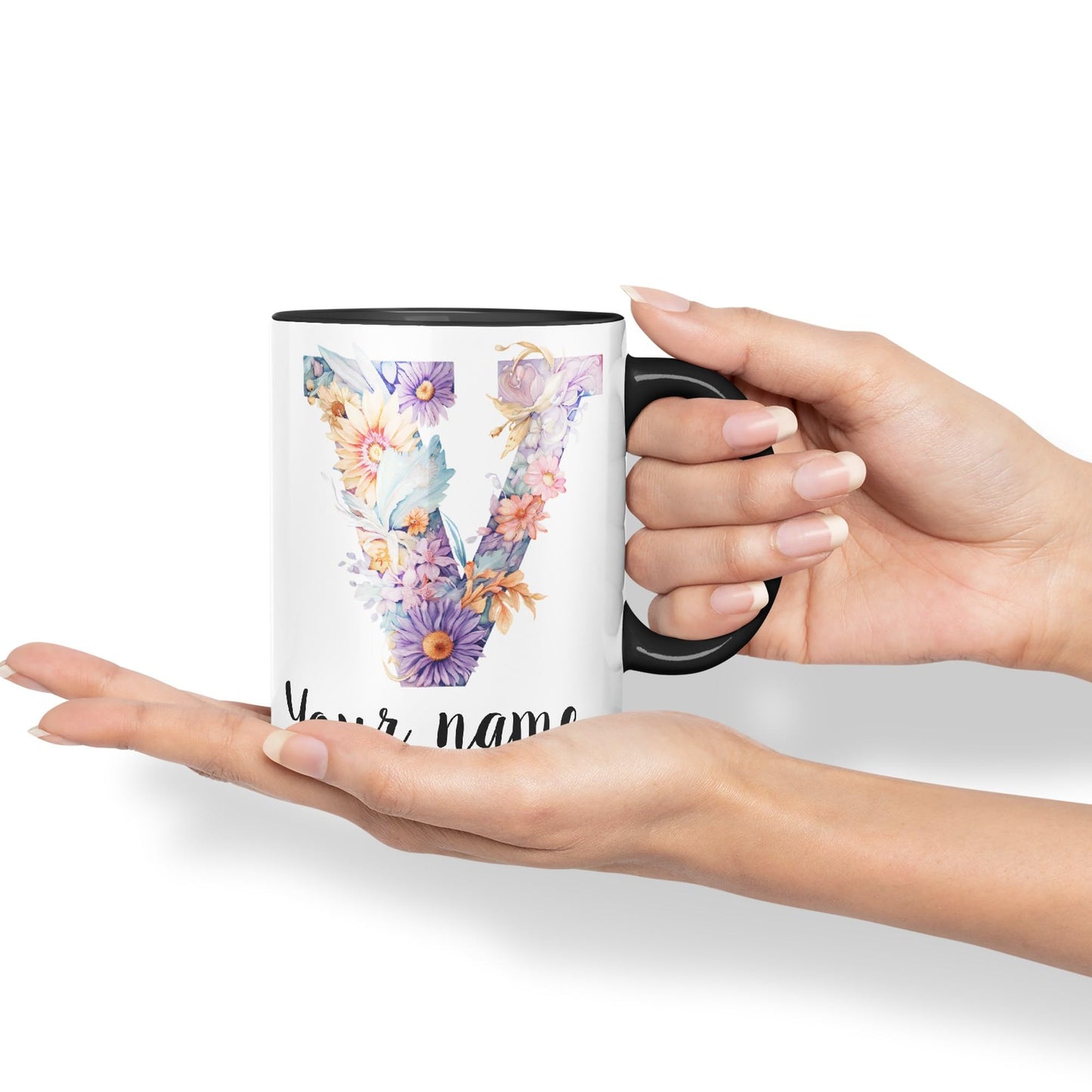 Personalised Letter V mug, Customized Custom Floral flowers butterfly Alphabet Letter V Monogram watercolour Ceramic Coloured Mug Cup for Tea Coffee Hot brew 330ml 11Oz Gift