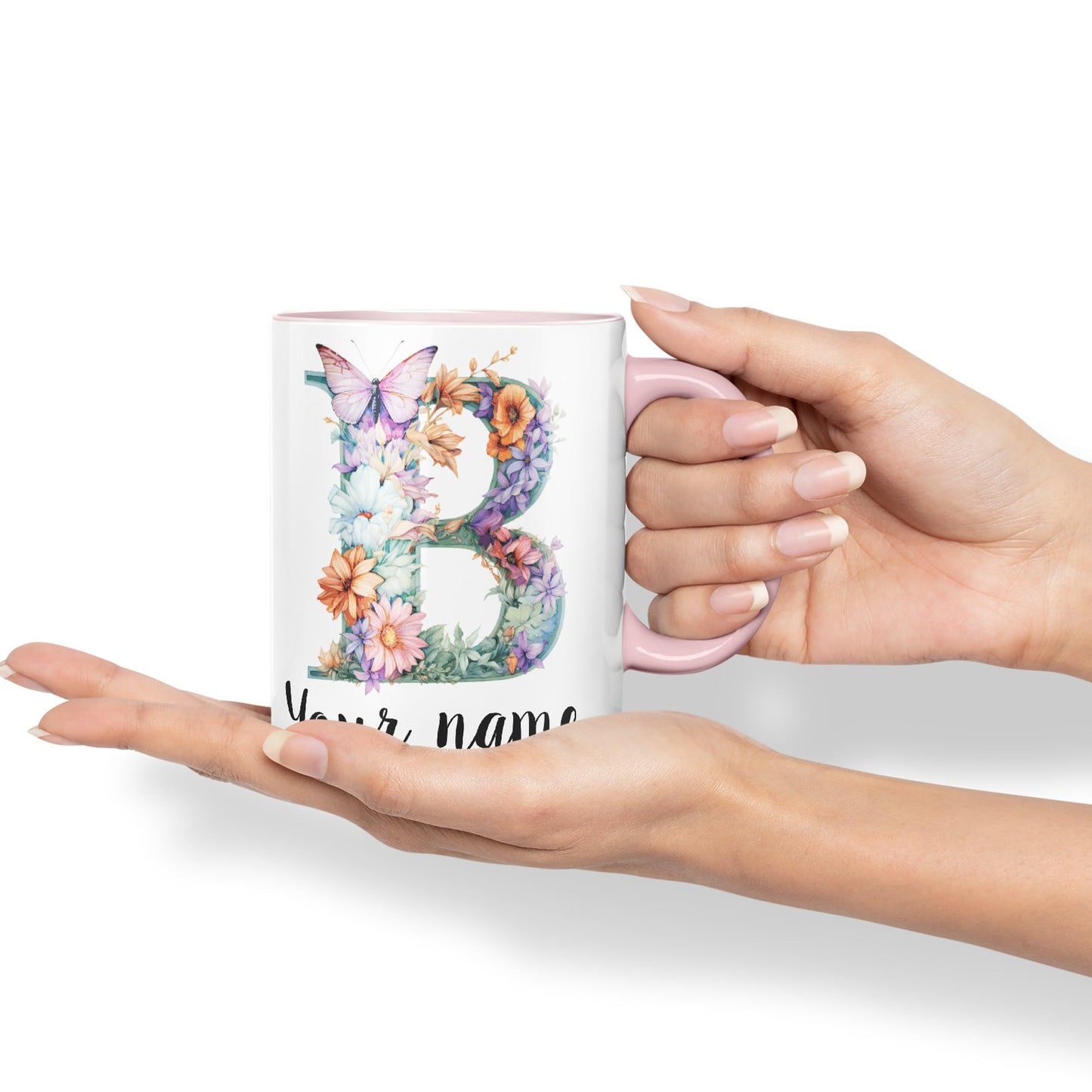 Personalised Letter B mug, Customized Custom Floral flowers butterfly Alphabet Letter B Monogram watercolour Ceramic Coloured Mug Cup for Tea Coffee Hot brew 330ml 11Oz Gift