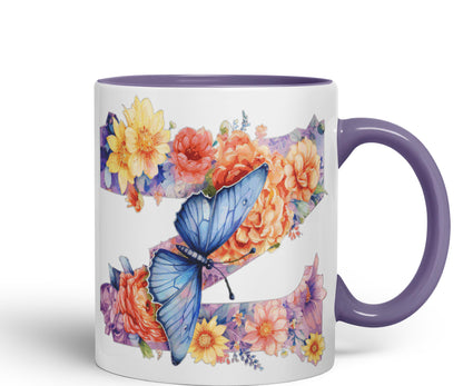 Letter Z mug, Floral flowers butterfly Alphabet Letter Z Monogram watercolour Ceramic Coloured Mug Cup for Tea Coffee Hot brew 330ml 11Oz Gift