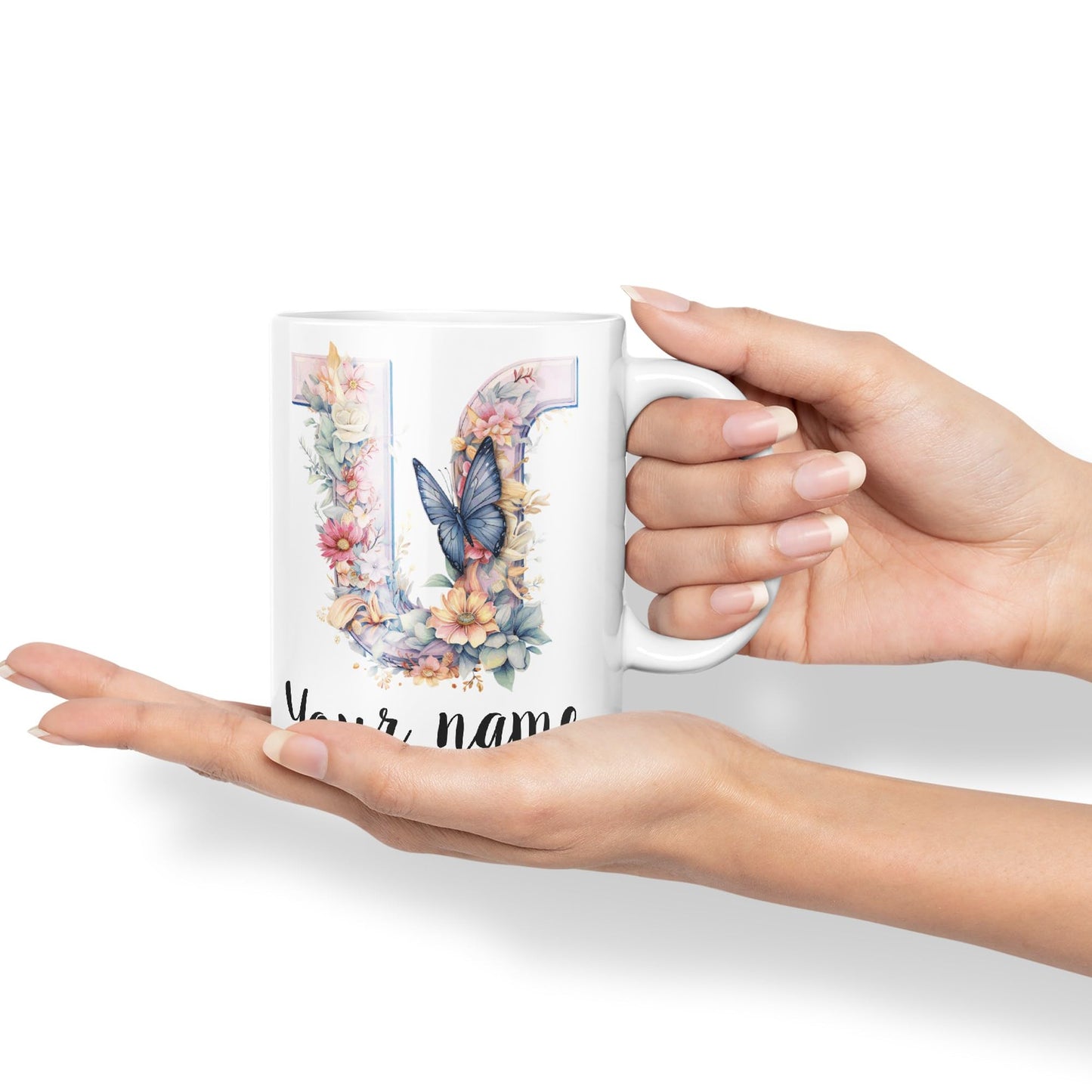 Personalised Letter U mug, Customized Custom Floral flowers butterfly Alphabet Letter U Monogram watercolour Ceramic Coloured Mug Cup for Tea Coffee Hot brew 330ml 11Oz Gift