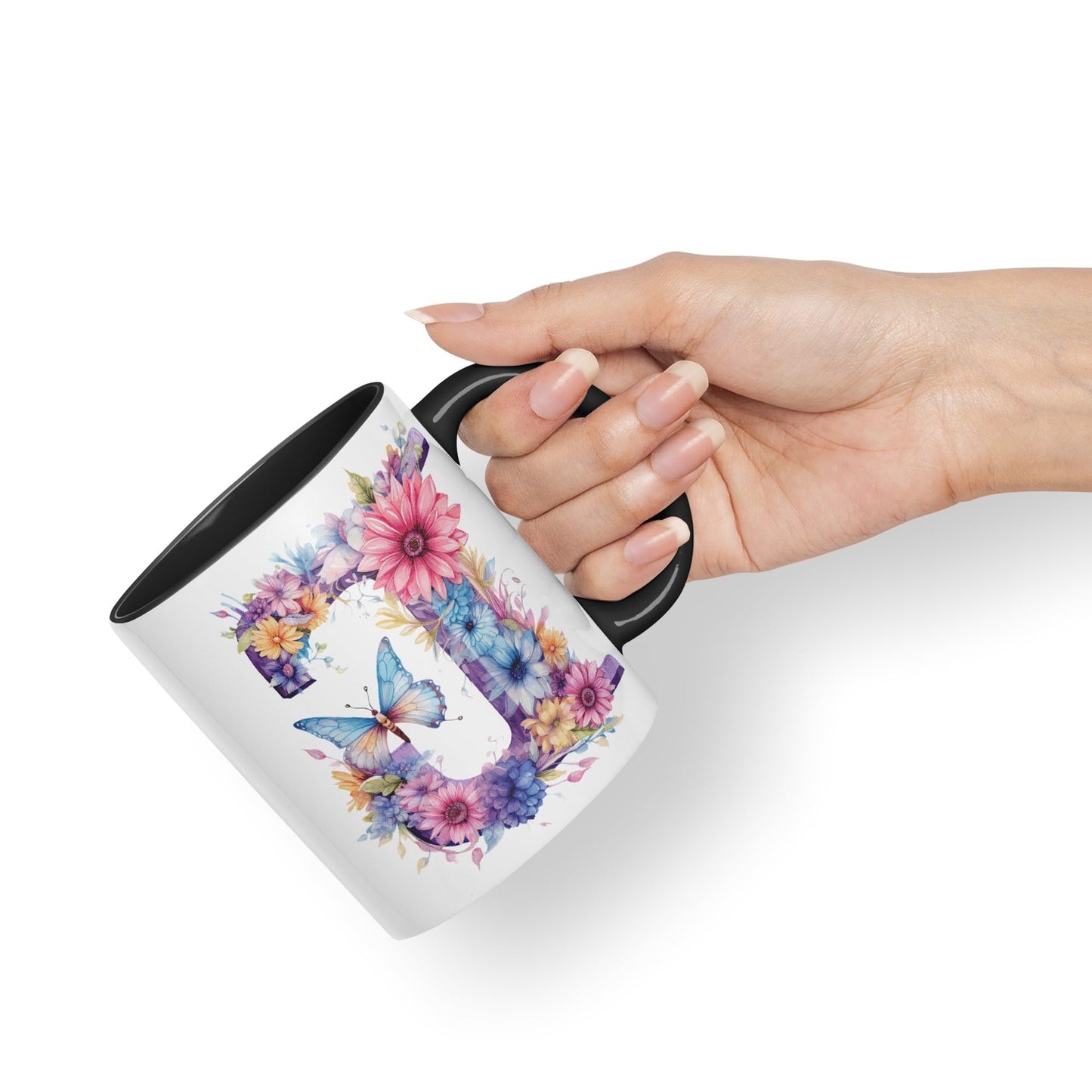Letter J mug, Floral flowers butterfly Alphabet Letter J Monogram watercolour Ceramic Coloured Mug Cup for Tea Coffee Hot brew 330ml 11Oz Gift