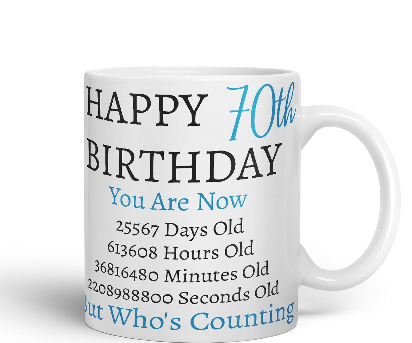Vixar But Who's Counting Happy 70th Birthday Ceramic Coloured Mug Cup Gift Days Hours Minutes (Blue)