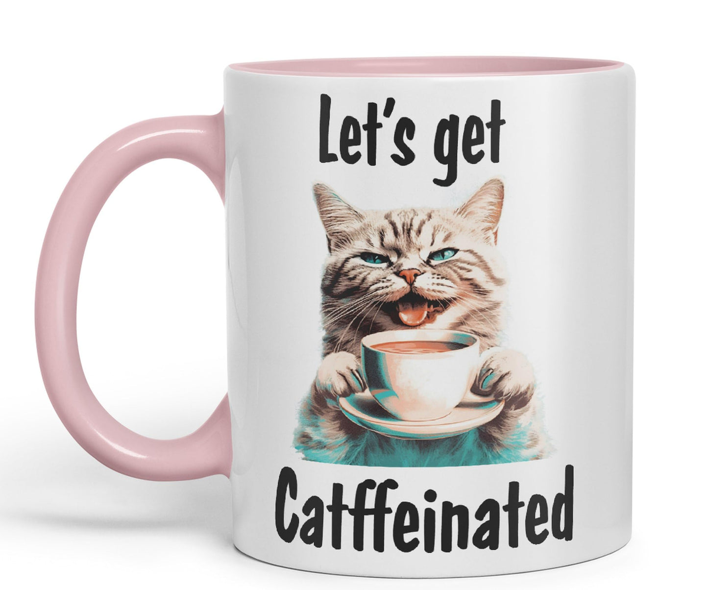 Let's get Caffeinated cat Kitten Joke sarkasm Sarcastic Ceramic Coloured Mug Cup for Tea Coffee Hot Brew 330ml 11Oz Gift