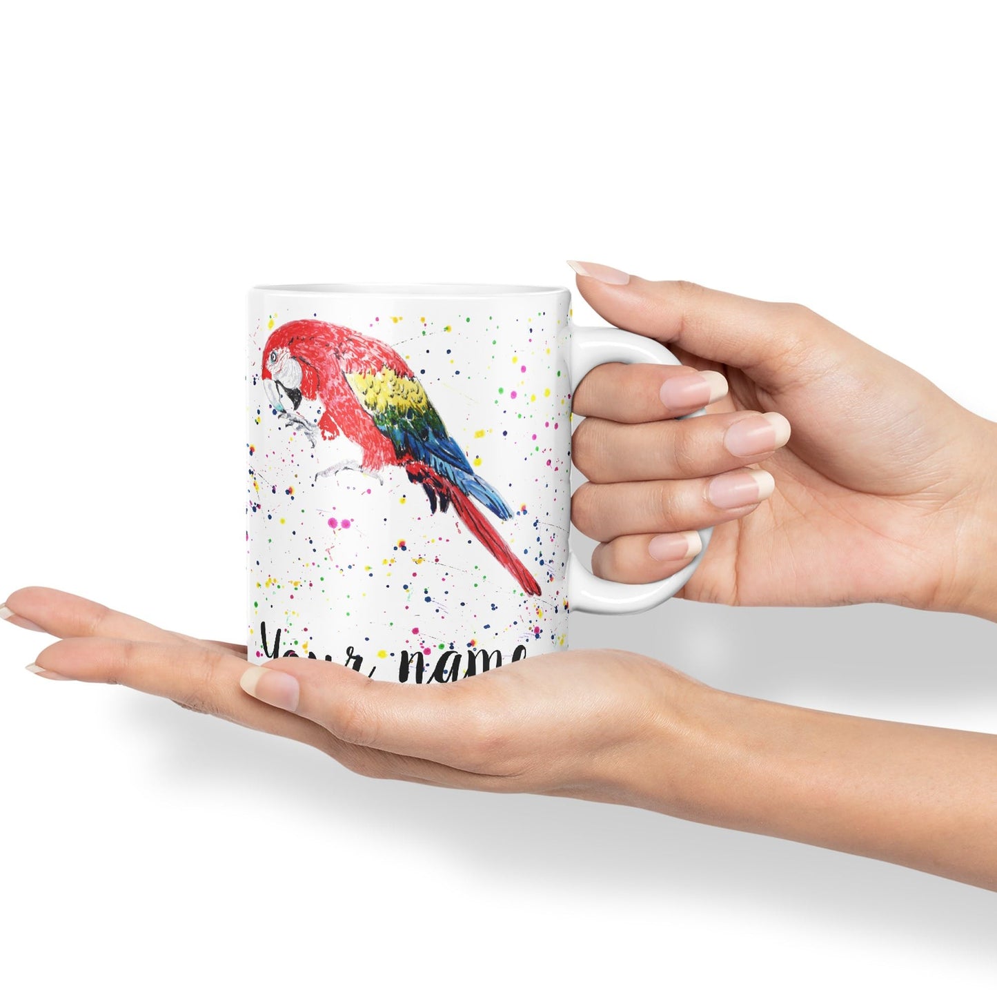 Personalised mug with Your Text name Macaw Parrot Bird animals Watercolour Art Coloured Ceramic Mug Cup Gift 330ml 11oz Custom Work Office Tea Coffee